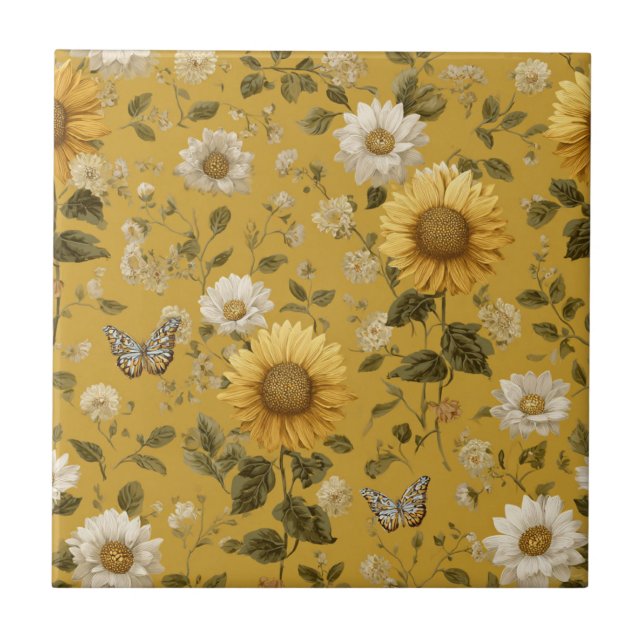 Carreau Fleurs de soleil et papillons sur Arrière - plan j (Devant)