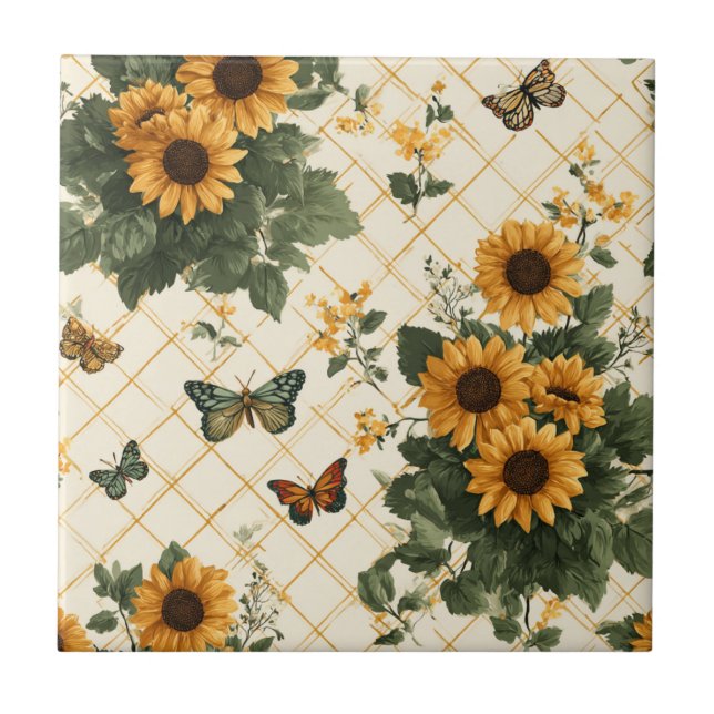 Carreau Fleurs de soleil et papillons sur Jaune clair (Devant)