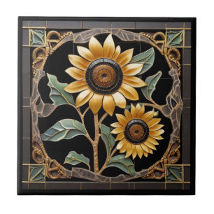 Carreau Fleurs de soleil jaune Vintage gothique sur le noi