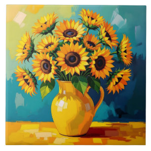Carreau Fleurs de soleil jaunes avec Arrière - plan Turquo