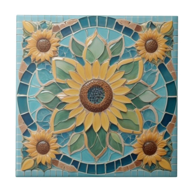 Carreau Fleurs de soleil Jaunes Faux Mosaic Aqua Bleu (Devant)