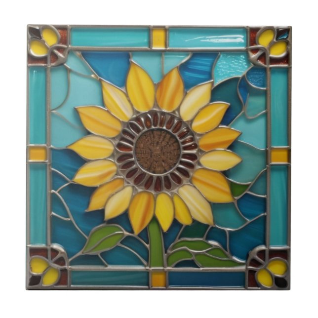 Carreau Fleurs de soleil jaunes Faux Verre tendu Aqua Bleu (Devant)