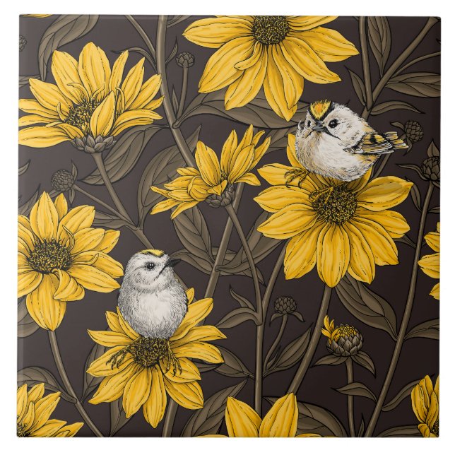 Carreau Fleurs de soleil sauvages et crêtes d'or/ jaune (Devant)