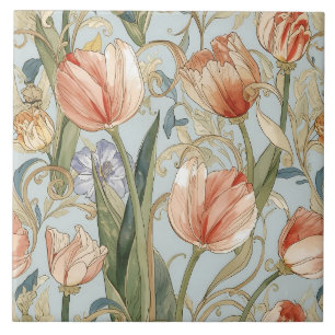 Carreau Fleurs de tulipes à l'aquarelle vintage, pêche, bl