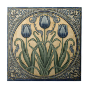 Carreau Fleurs de tulipes bleues Art nouveau vintage