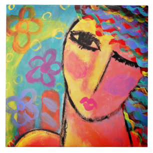 Carreau Fleurs d'été Portrait Abstrait d'une femme