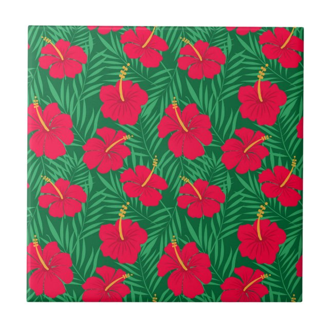Carreau Fleurs d'Hibiscus Rouge sur Feuilles Tropicales Ve (Devant)