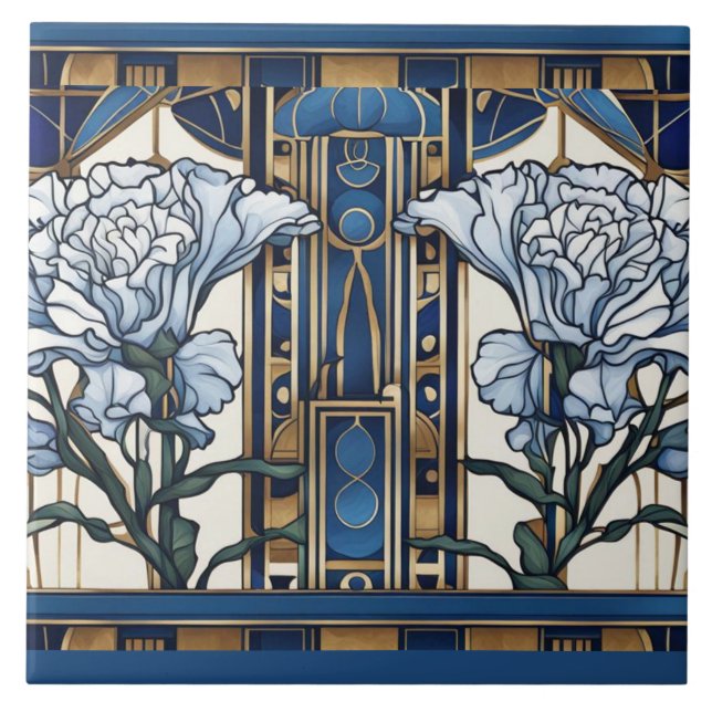 Carreau Fleurs d'oeillets Art déco Art Nouveau Bleu Floral (Devant)