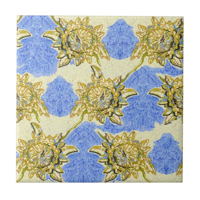 Carreau Fleurs dorées à main avec arrière - plan bleu (Devant)