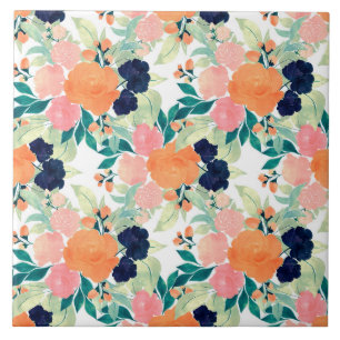 Carreau Fleurs élégantes bleu rose orange aquarelle floral