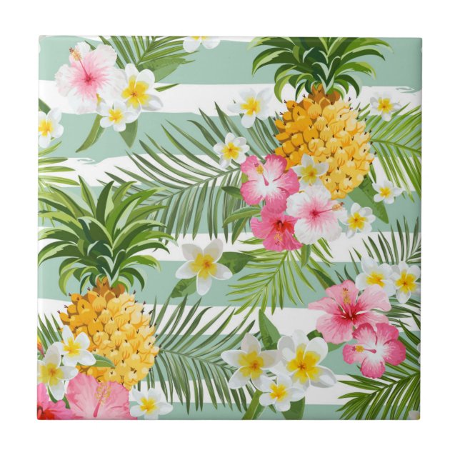 Carreau Fleurs et ananas tropicaux sur les rayures (Devant)