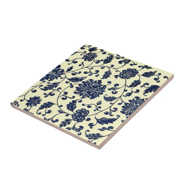 Carreau Fleurs et feuilles de Delft bleu chinois ~ * ~ (Côté)