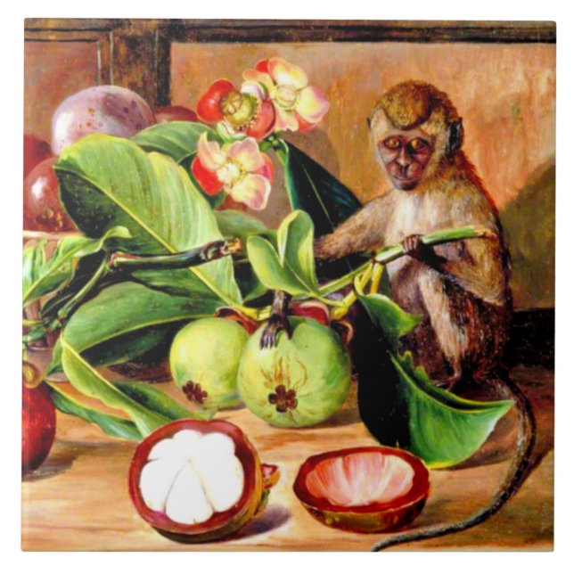 Carreau Fleurs et fruits de Mangosteen; Singe de Singapour (Devant)