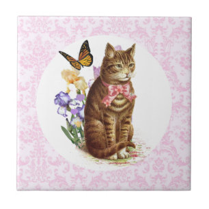Carreau Fleurs et papillon de chat vintage Iris