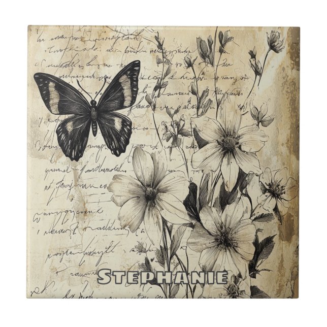 Carreau Fleurs et papillons rustiques - Papier vieilli (1) (Devant)