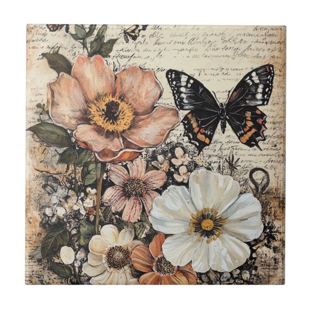 Carreau Fleurs et papillons rustiques - Papier vieilli (14 (Devant)