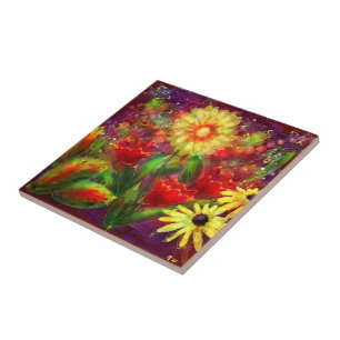 Carreau Fleurs florales Fleur Art Abstrait Rouge Jaune