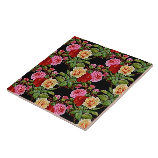 Carreau Fleurs florales Roses rouge rose jaune vert (Côté)