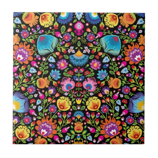 Carreau Fleurs folkloriques Wycinanki noir  (Devant)