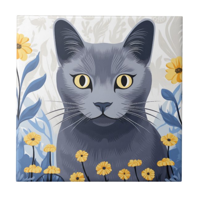 Carreau Fleurs Jaunes Chat Bleu Russe (Devant)