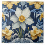 Carreau Fleurs jonquilles Art Déco Art Nouveau Bleu<br><div class="desc">carreaux Art nouveau antique, motif de fleurs vintages orné, carreaux de céramique art, bleu marine cobalt foncé, joli art fleuri décoratif, fleurs d'or blanc bleu classe, style art déco jaune klimt, saphir bleu cuisine botanique, classique vitrail traditionnel inspiré, élégant blanc Daffodil</div>