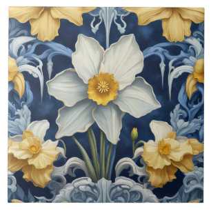 Carreau Fleurs jonquilles Art Déco Art Nouveau Bleu