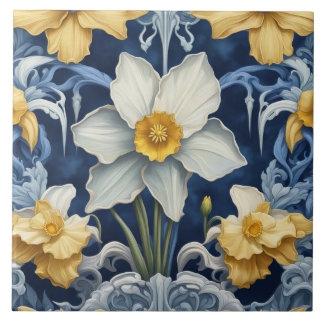 Carreau Fleurs jonquilles Art Déco Art Nouveau Bleu