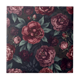 Carreau Fleurs lunatiques motif aquarelle rouge foncé