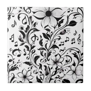 Carreau Fleurs noires et blanches et notes musicales