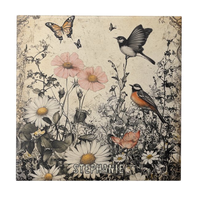 Carreau Fleurs, oiseaux et papillon sur papier vieilli (Devant)