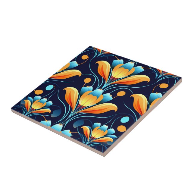 Carreau Fleurs orange bleu Art Déco (Côté)
