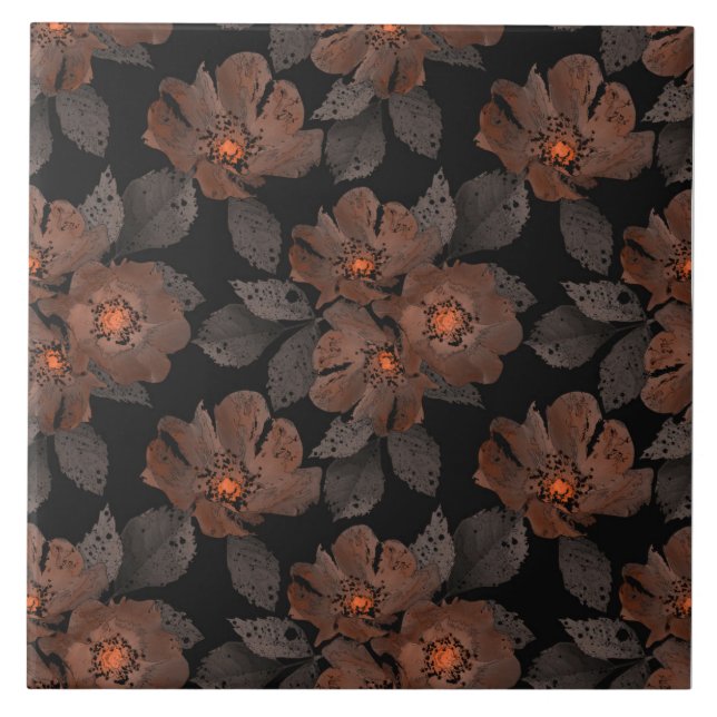 Carreau Fleurs orange et marron sur fond noir. (Devant)