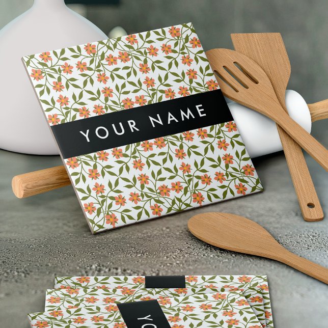 Carreau Fleurs orange, Motif Floral, Boho, Votre Nom (Créateur téléchargé)