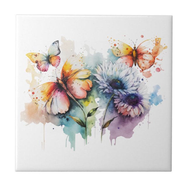 Carreau Fleurs Papillons Aquarelle Violet Jaune Bleu  (Devant)