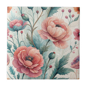 Carreau Fleurs Peintes à la Main - Jardin Floral Corail et