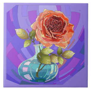 Carreau Fleurs peintes, rose rose en vase