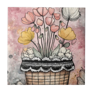 Carreau Fleurs printanières romantiques en rose et or