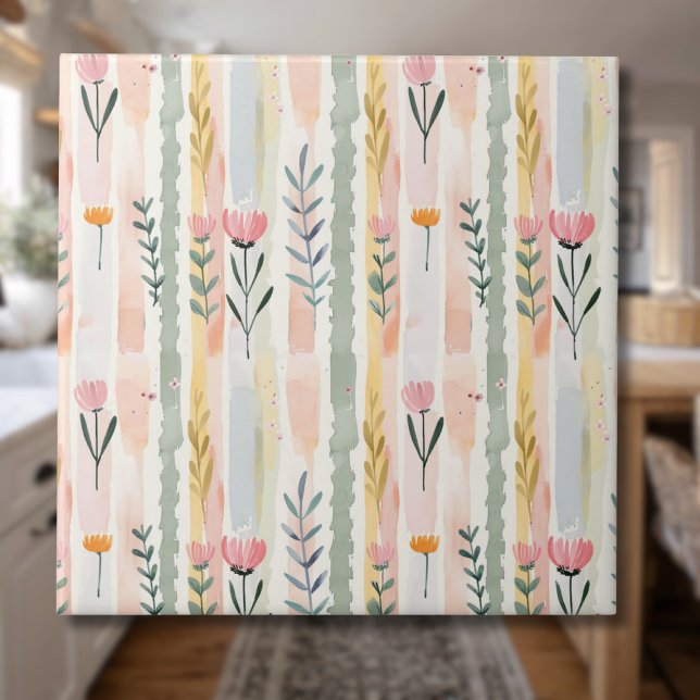 Carreau Fleurs rayées pastel aquarelle vintage (Créateur téléchargé)