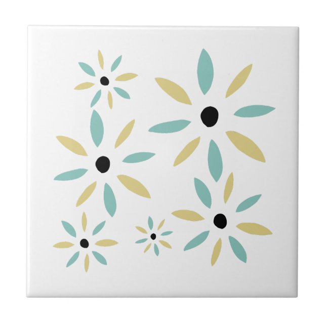 Carreau Fleurs Rétro Mi-Século Aqua Bleu Et Jaune (Devant)