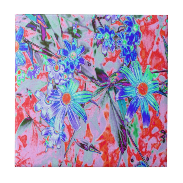 Carreau Fleurs rétro psychédéliques vert aqua et orange (Devant)
