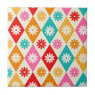 Carreau Fleurs rétro sur Diamants Arlequin du milieu du si