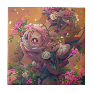 Carreau Fleurs rose rose orange art numérique vert