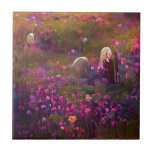 Carreau Fleurs roses dans un art numérique de champ vert