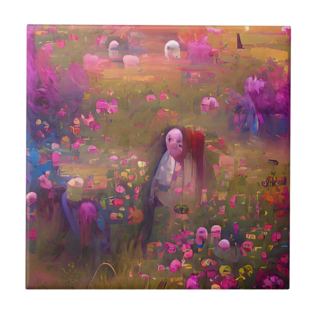 Carreau Fleurs roses dans un art numérique de champ vert (Devant)