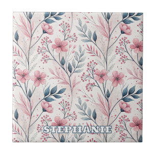 Carreau Fleurs roses délicates avec feuillage bleu atténué