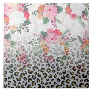 Carreau Fleurs roses Empreintes de léopard noires en argen