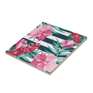 Carreau Fleurs roses exotiques rayées