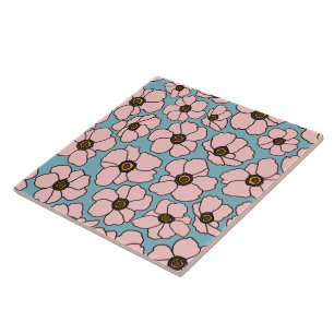 Carreau Fleurs roses modernes sur fond bleu