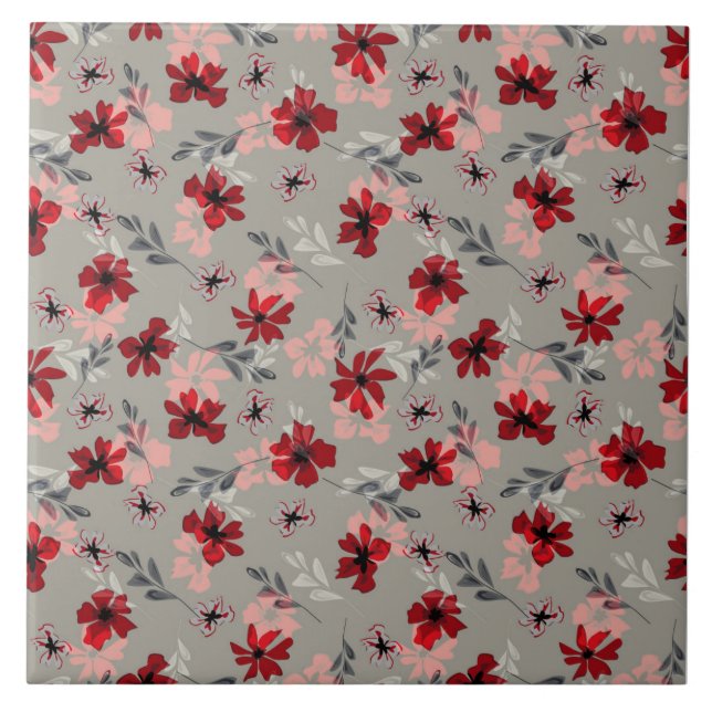 Carreau Fleurs roses rouges sur un fond gris. (Devant)