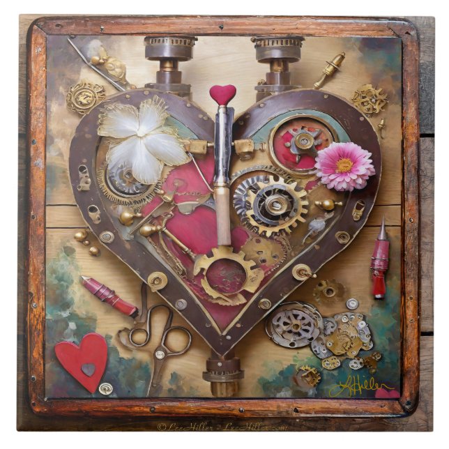 Carreau Fleurs Rouge à Lèvres Coeur Série Steampunk (Devant)